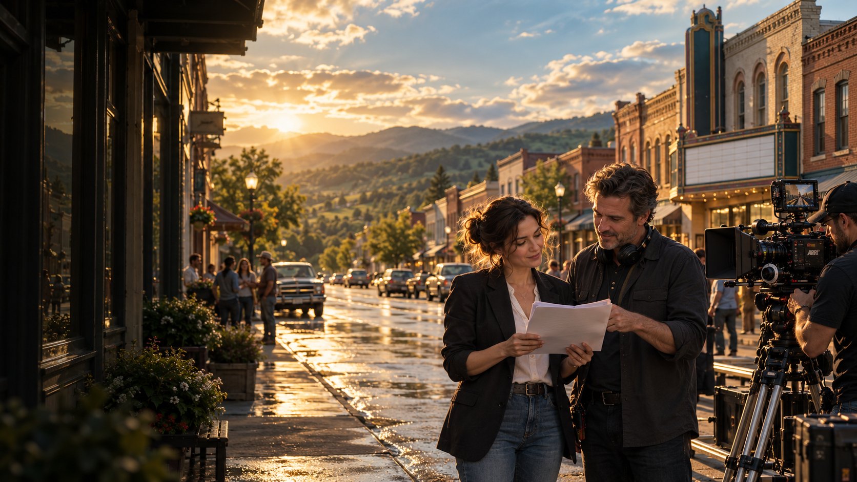 A writer and filmmaker reviewing a screenplay on a sunlit American Main Street beside a professional film crew.